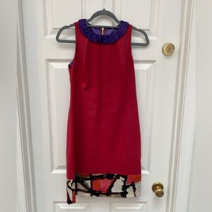Elie Tahari Red Dress with Purple Satin Details + Orange Trim Zipper - size 2